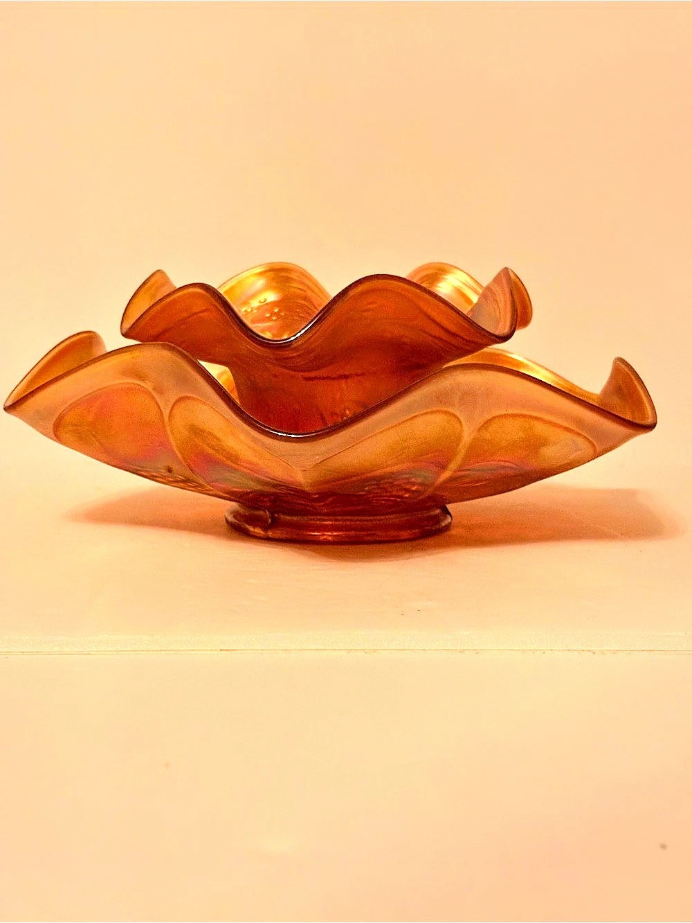 TWO vintage carnival glass ruffled bowls: Fenton